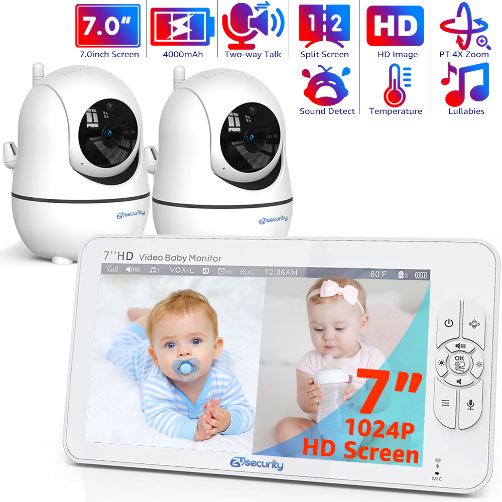 Audio Music Video - 7,0-Zoll-Video-Babyphone, HD-Split-Bildschirm mit 2 Kameras, Schwenk-/Neigefunktion,