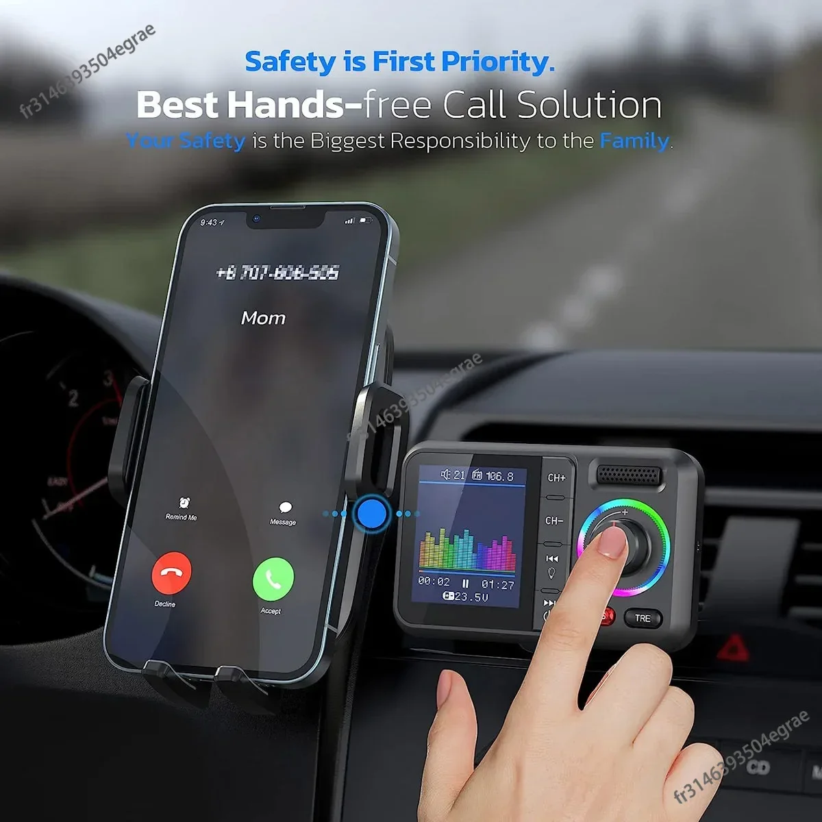Audio Music App - Drahtloser FM-Transmitter mit großem Farbbildschirm, 2,4A
